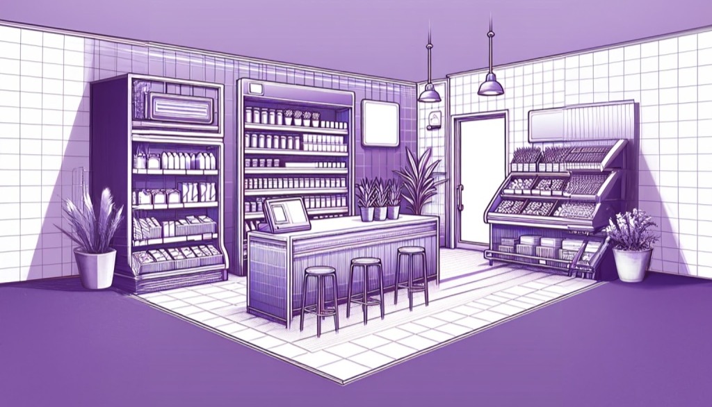 Purple sketch of a shop interior